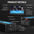 3000 Watt Power Inverter Car/Home 12V DC to 110V/120V AC Converter with 2 AC Outlets, USB & Type-C Port Car Inverter Peak Power 6000W for RV,Truck,Off-Grid Solar System with Remote Controller-Blue