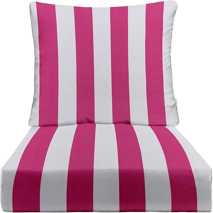 RSH DECOR Deep Seating Cushion with Pillow Back | 25” x 25.5” x 5" Seat | Water and Fade-Resistant Spun Fabric | Made in USA | Outdoor Chair Cushion Set for Patio Furniture (Pink & White Stripe)