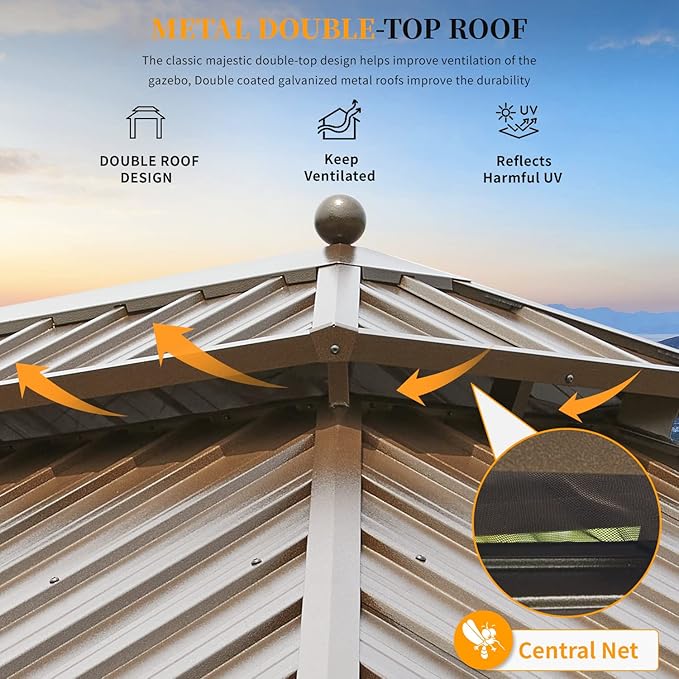 YOLENY 10'x13' Hardtop Gazebo with Galvanized Steel Double Roof, Pergolas Aluminum Frame, Netting and Curtains Included, Metal Outdoor Gazebos for Garden, Patios, Lawns, Parties