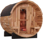 Outdoor Far Infrared Sauna 6 Person, Canadian Red Cedar Barrel Sauna, Extra Large Space with Porch, 220V, 3500 W, 10 Heating Element, Oxygen Bar, USB Radio, Lamps(0-140℉)