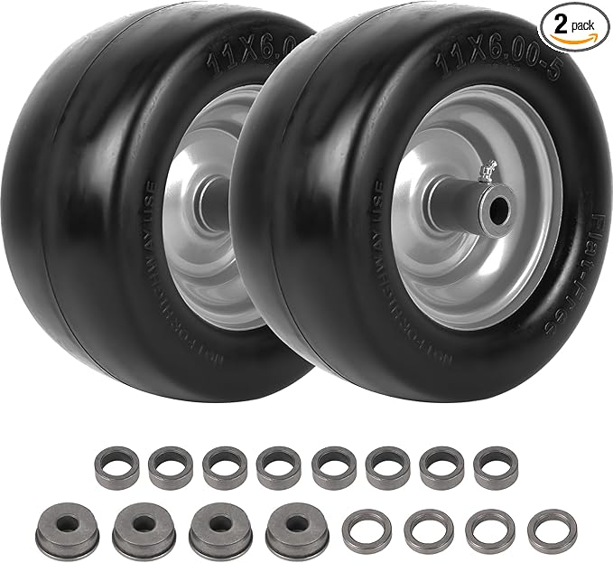AR-PRO (2-Pack) 11x6.00-5 Flat Free Tire and Wheel - Universal 11x6-5 Solid Rubbe Riding Lawn Mower Tire with Rim - With 5.9"-8.1" Centered Hub and 3/4" Bushings - Fit Most Zero Turn Mowers