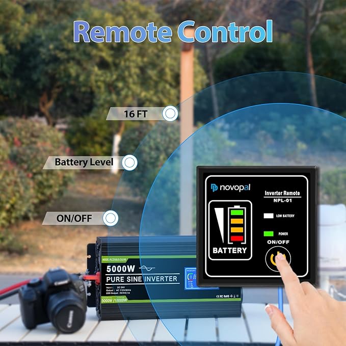 NOVOPAL 5000 Watt Pure Sine Wave Power Inverter DC 24V to AC 110V 120V Rv Inverters with 1 USB Port-16 feet Remote Control, LCD Display for Truck, Hurricane, Home