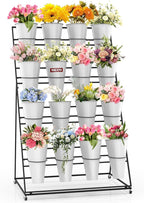 Flower Display Stand with Buckets, 4 Layers 16 PCS Plant Stand with Wheels, Movable Metal Plant Stand for Terrace Garden, Living Room, Florist Shop (Black Frame - White Buckets, 4-Tier)