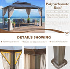 EROMMY 10' x 13' Gazebo Polycarbonate Double Roof Canopy Outdoor Aluminum Frame Pergola, Permanent Pavilion with Netting and Curtains for Garden Patio Lawns Parties