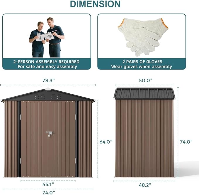 Gizoon Outdoor Storage Shed 6 x 4 FT, Galvanized Metal Garden Shed with Double Lockable Doors, Outdoor Storage Clearance for Backyard Patio Lawn-Light Brown