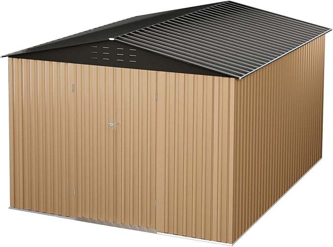 8x12 FT Outdoor Metal Storage Shed, Large Metal Storage Sheds with Sturdy Frame Structure, Garden Tool Shed with Lockable Door for Garden, Lawn, Backyard, Brown