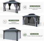 Aoxun 10'x 12' Hardtop Gazebo, Outdoor Dual-Layer Galvanized Steel Double Roof Aluminum Furniture Gazebo Canopy with Netting and Curtains for Deck Backyard Wedding Garden