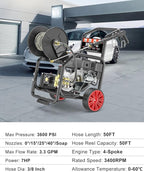 3600 PSI Gas Pressure Washer, One-Button Start 212cc 7HP Engine 3.3GPM, Includes Hose Reel，50 FT 3/8 inch Hose，5 Quick Connect Nozzles，Spray Gun and Wand