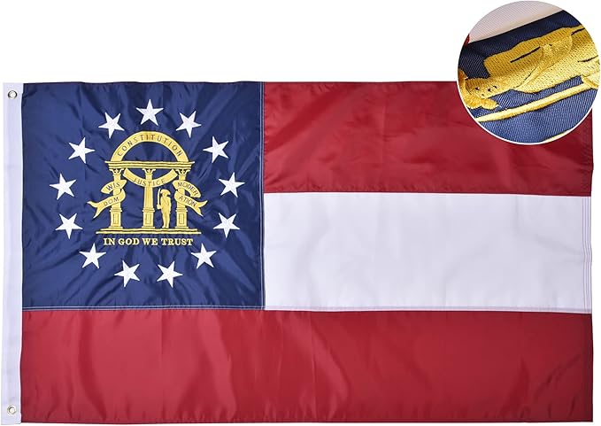 Georgia State Flag 6x10 Ft, Deluxe Full Embroidered Heavy Duty 100% Polyester Durable GA Outside Flags, Indoor/Outdoor, Sewn Stripes and Brass Grommets