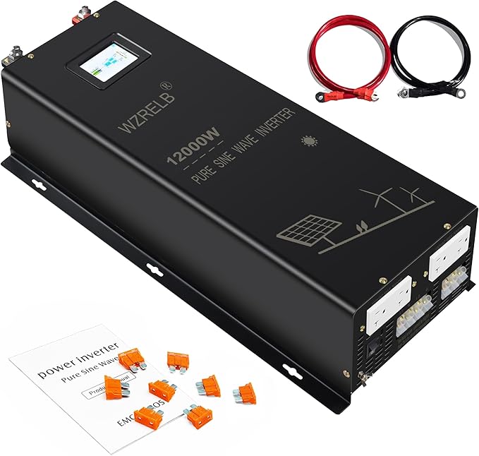 WZRELB 12KW 24V Pure Sine Wave Inverter,24 Volt DC to AC 120V 240V Split Phase Power Inverter,2*AC Hardwire Terminal,24KW Surge,High Efficiency up to 91.6% with LCD Display