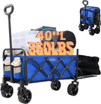 40'' Extra Long Collapsible Wagons Carts Foldable, 360LBS Foldable Wagon Cart with Wheels, Heavy Duty Portable Utility Wagon for Grocery, Shopping, Sports Garden & Camping - Navy Blue