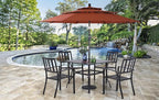 PHI VILLA 5 Piece Outdoor Dining Set with 10ft Umbrella, 37" Square Metal Dining Table & 4 Stacking Metal Chair with 3 Tier Red Umbrella for Patio, Deck, Yard, Porch