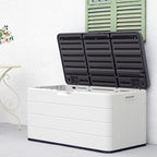110 Gallon Deck Box Waterproof,Double-Wall Resin Outdoor Storage Boxes, Deck Storage for boat slip storage,Cushions, Pool Float, Garden Tools,Patio Furniture, Lockable (OFF-WHITE)