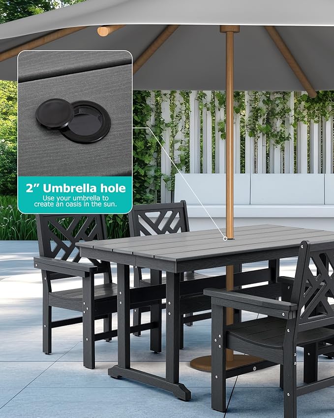 7 Piece HDPE Outdoor Dining Set for 6 Patio Dining Furniture Set with Umberlla Hole, Weather Resistent Outdoor Table and Chairs for Garden, Poolside, Backyard, Deck, Grey