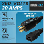 IronBox Electric NEMA L6-30P to C19 Power Cord - 20Amp, 250V, 12/3 SJT - UL Listed Heavy Duty Power Extension Cable for Generator, Data Centers, Outdoor Use, High-Powered Applications & More (8 ft)