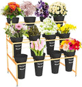 Flower Display Stand With 12PCS Buckets, 3 Layers Metal Plant Stand with Wheels, Heavy Duty Moving Plant Cart Shelf, for Indoor, Outdoor Patio Garden, Living Room, Florist (Black - Round Bucket)