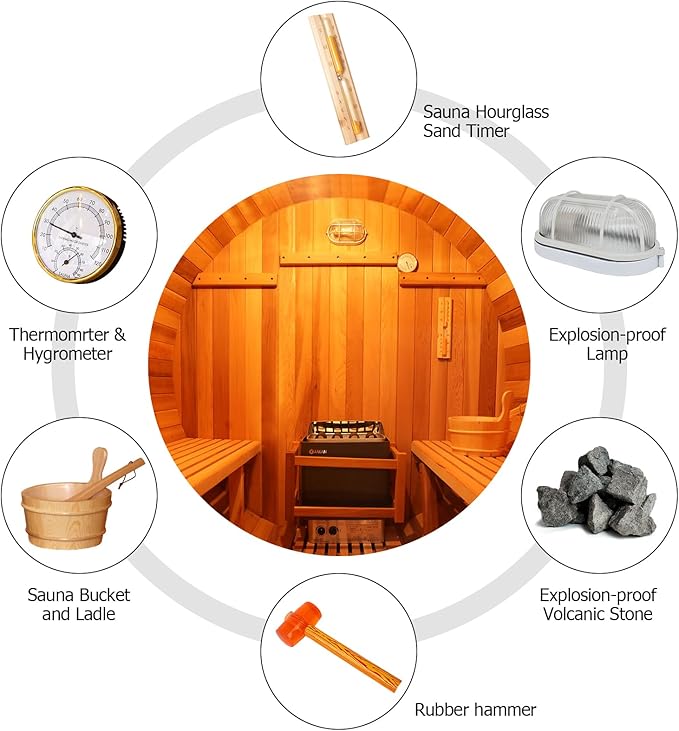 Outdoor Barrel Steam Sauna, 3 Person Wood Sauna Room with 4.5kw Harvia Electric Heater with Sauna Stone, Canadian Helmock Wooden Sauna, Sauna Accessories and Asphalt Shingle Roof (Helmock)
