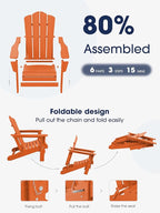 KINGYES Folding Adirondack Chair, HDPE All-Weather Patio Chairs, Wooden Textured Lawn Chair for Poolside, Backyard, Deck, Fire Pit, Orange