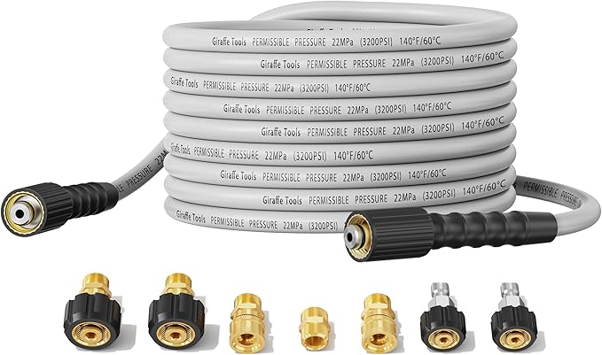 Giraffe Tools Pressure Washer Hose 50FT X 1/4", 3200 PSI Pressure Washing Hose, Kink Resistant, Heavy Duty Power Washer Hose, M22 to 3/8" Quick Connect Couplers for Replacement, 7 Accessories