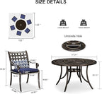 PURPLE LEAF 7 Pieces Patio Dining Set Cast Aluminum Patio Furniture with 6 Armchairs and 47" Round Table, Cushion and Pillow Included, for Lawn Yard Garden Outdoor Dining Set, Navy Blue