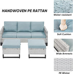 Rilyson Wicker Outdoor Patio Furniture Set - 5 Piece Patio Conversation Set with 2 Wicker Armrest Chairs,2 Rattan Ottoman and 1 Couch for Outside Porch Deck Backyard Garden(Light Grey/Sky Blue)