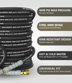 Pressure Washer Hose 100FT 4000 PSI, Kink Resistant Steel Braided Layer & NonMarking Rubber for Hot/Cold Water, High Power Washer Hose With 3/8 Inch Quick Connect & M22 Fitting, Black