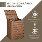 Compost Bin Outdoor 120 Gallon (450L) Garden Composter, BPA Free, with 80 Vents and 2 Sliding Doors, Lightweight Outdoor Compost Box for Garden, Kitchen, and Yard Waste, Brown