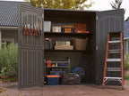 Vertical Resin Storage Shed with 2 Shelves, 60 Cuft Garden Tool Sheds & Outdoor Storage, Plastic Outdoor Storage Cabinet Waterproof, 4.5 x 2.3 ft Backyard Outside Lawn Mower Storage Shed, Grey