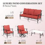 HERA'S HOUSE 6 Piece Patio Furniture Set, 2 x Swivel Chair, 2 x Fixed Chair, 1 x 3-Seat Sofa with Marbling Coffee Table, Outdoor Conversation Set for Lawn Garden Backyard, Red