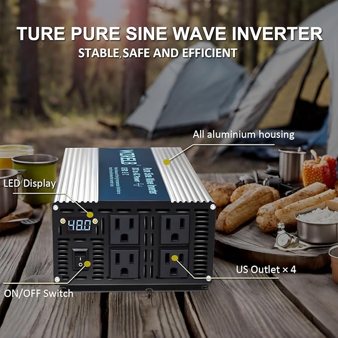 WZRELB 1800W Pure Sine Wave Inverter 48V DC to 110V 120V AC Power Converter with LED Display, Off-Grid Portable Power Inverter with 4 AC Outlets for Home, RV, Truck, Camping