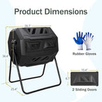 F2C Compost Bin Outdoor 43 Gallon Garden Dual Chamber Composter Bin - Bundled with Pearson's Gardening Gloves，BPA Free, Heavy-Duty Steel Frame, Rotating Tumbler with Sliding Doors | (Black)