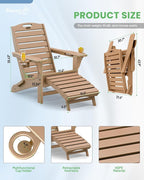 Folding Adirondack Chairs Set of 4,Adirondack Chair with Retractable Ottoman,Plastic Adirondack Chairs with 2 Cup Holder,Weather Resistant Patio Chair,Outdoor Chairs Set of 4(Teak)
