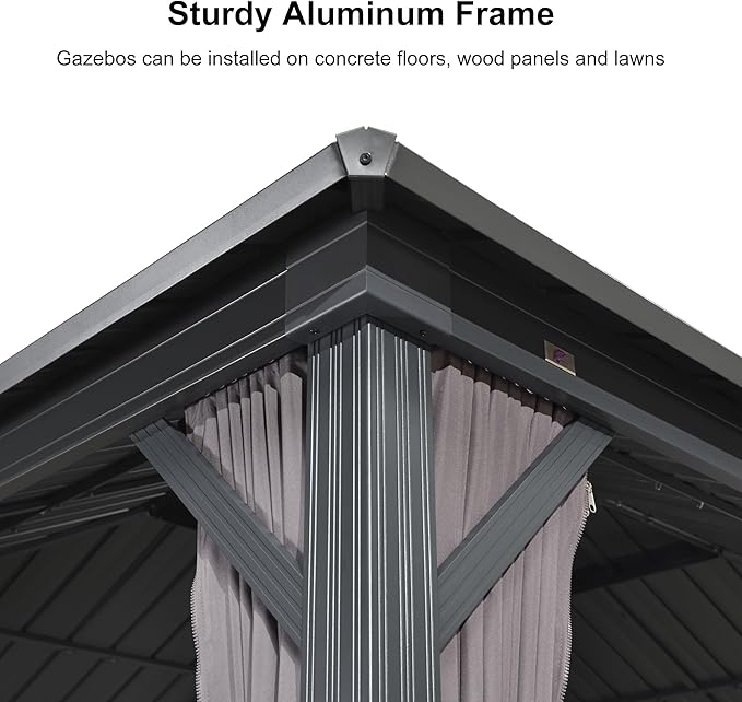 PURPLE LEAF 12' X 20' Patio Hardtop Gazebo Outdoor Pavilion Gazebo with Galvanized Steel Double Roof for Patio Lawn Garden Aluminum with Mosquito Nets and Curtains Grey