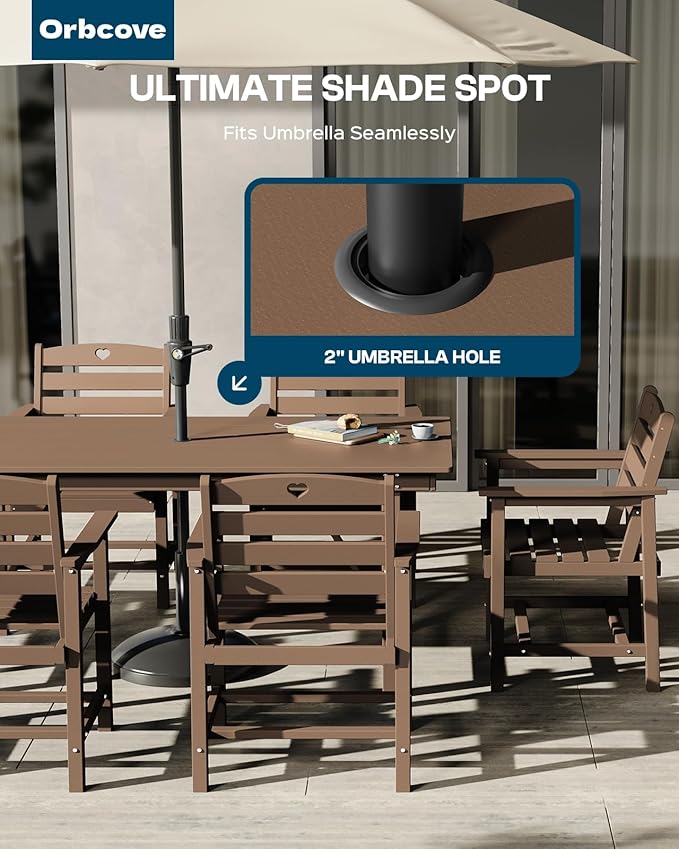 Patio Table and Chairs Set with Umbrella Hole, HDPE Patio Dining Set for 6, Outdoor Dining Set for Lawn, Patio, Porch, Deck, Poolside, Yard (Teak, 7-Piece)