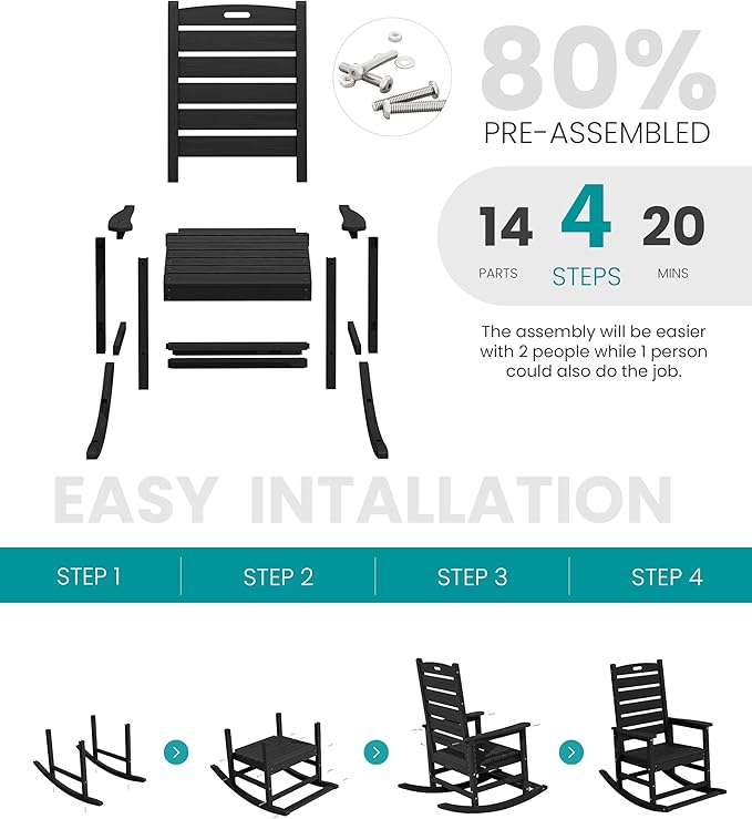 SERWALL Outdoor Rocking Chair Set of 2, Oversized Rocking Chair with Footboard for Adults, HDPE All Weather Rocking Chairs for Patio, 350lbs Weight Capacity, Black
