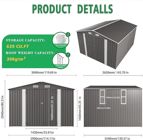 10x12 FT Outdoor Storage Shed with Windows, Metal Sheds & Outdoor Storage with Lockable Door and 4 Vents, Outside Storage Shed Waterproof for Backyard, Garden, Patio, Gray