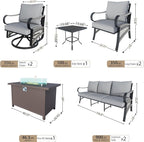 8 Pieces Patio Conversation Sets, All Weather Metal Outdoor Furniture Set, 2 Three-Seater, 2 Swivel Rockers, 2 Single Chairs, 1 Side Tables, 1 Fire Pit Table for Backyard Garden Deck Porch, Gray