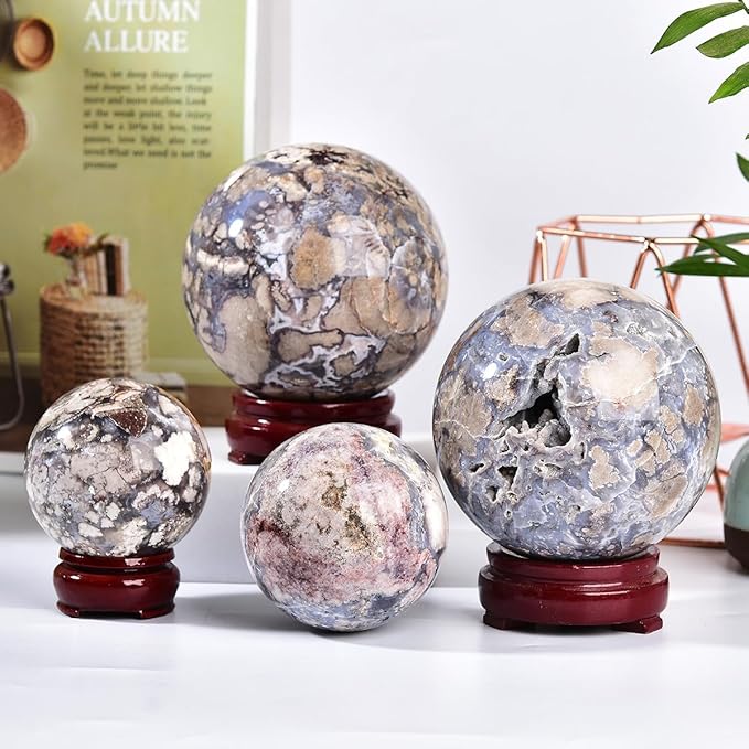 JIC Gem Large Blue Cherry Blossom Agate Crystal Ball with Stand Crystal Sphere Natural Sakura Flower Agate Stone Reiki Healing Meditation Witchcraft Home Decor 3.1-3.5 inch(80-90mm)