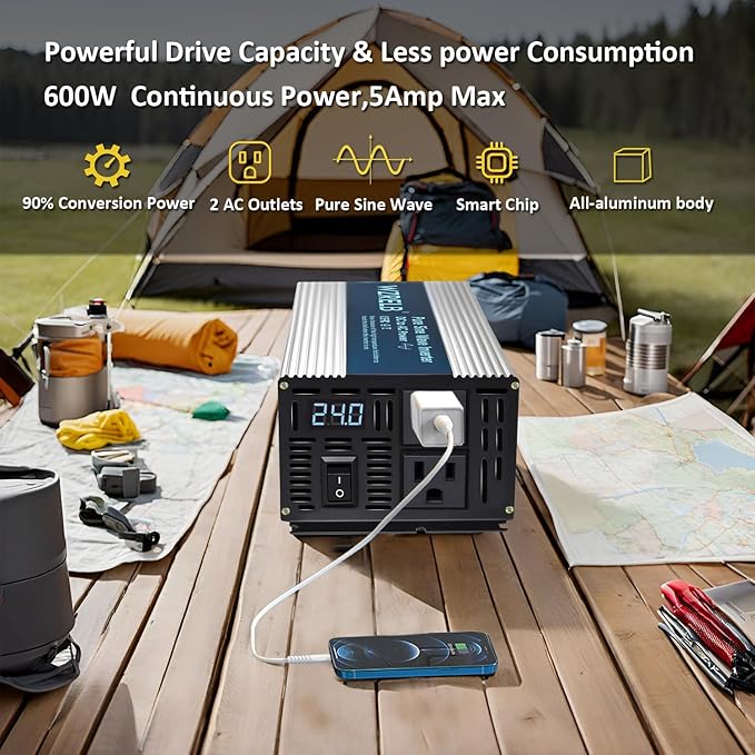 WZRELB 600W Pure Sine Wave Inverter 24V DC to 110V 120V AC Power Converter with LED Display, Off-Grid Portable Power Inverter with 2 AC Outlets for Home, RV, Truck, Camping