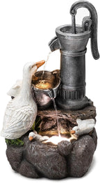 Glitzhome 24" Farmhouse Duck Outdoor Fountain with LED & Pump – 2-Tier Cascading Water Fountain for Outside Garden Decor - Rustic Waterfall for Backyard, Garden, or Patio Decor