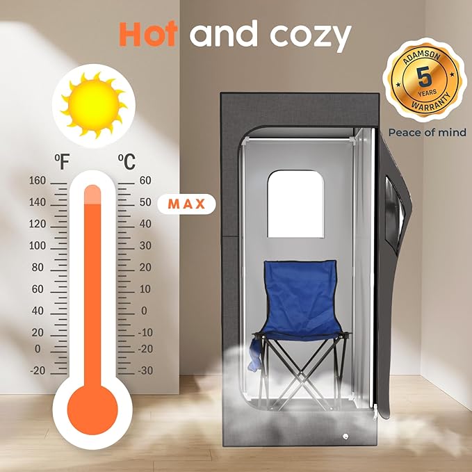 Adamson Full Size Portable Steam Sauna - Indoor Sauna Tent for Home Spa Relaxation - Boost Health and Recovery - 2.6L 1000W Steamer - Chair - Remote - Foot Massager - New - Nylon Black