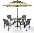 PHI VILLA 5 Pieces Patio Dining Set for 4 with 10ft Patio Umbrella, Metal Outdoor Stackable Wrought Iron Chair Set of 4 & 37" Metal Dining Table,3 Tier Vented Market Table Beige Umbrella