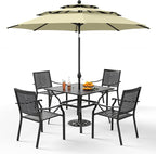 PHI VILLA 5 Pieces Patio Dining Set for 4 with 10ft Patio Umbrella, Metal Outdoor Stackable Wrought Iron Chair Set of 4 & 37" Metal Dining Table,3 Tier Vented Market Table Beige Umbrella