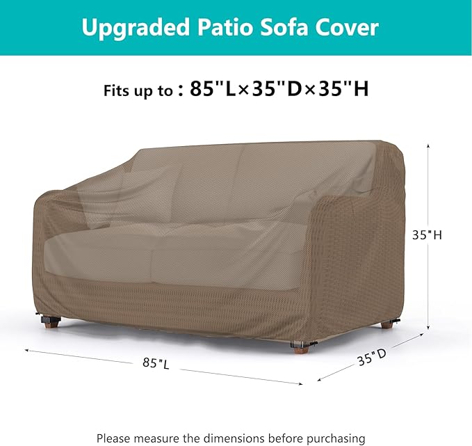 Patio Sofa Cover Waterproof - Heavy Duty 3-Seater Outdoor Couch Cover, Patio Furniture Covers with Air Vent and Handles, 85" L ×35" D×35" H, Brown