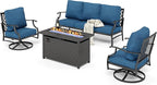 HERA'S HOUSE 4 Pieces Patio Furniture Set with Fire Pit Table, 2 x Swivel Cushioned Chair, 3-Seat Sofa with 45" Fire Pit Table, Outdoor Conversation Set for Garden Poolside Backyard, Pacific Blue