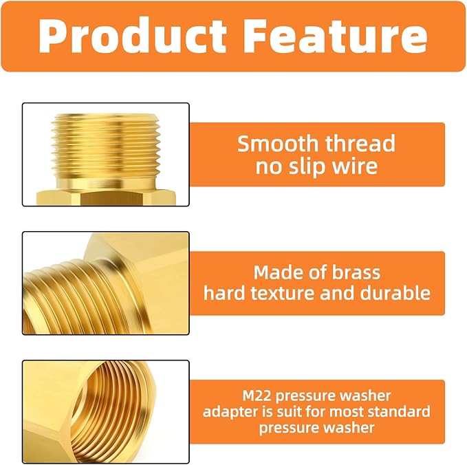GASHER 2Pcs Brass M22 Pressure Washer Fitting,M22-14mm Male x M22-14mm Female Thread Fittings,For Pressure Washer Hose