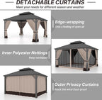 Gotland 12' x 14' Khaki Hardtop Gazebo with Curtains and Netting, Double Roof Iron Metal Pergola for Patio, Garden, Lawn