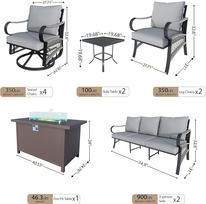 11 Pieces Patio Conversation Sets, All Weather Metal Outdoor Furniture Set, 2 Three-Seater, 4 Swivel Rockers, 2 Single Chairs, 2 Side Tables, 1 Fire Pit Table for Backyard Deck Porch Poolside, Gray