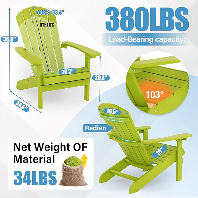 YEFU Adirondack Chairs Set of 2: Plastic Adirondack Chairs - Patio Chairs with Wood Texture - Outdoor Chair HIPS - Lawn Fire Pit Deck Porch Garden Chairs for Adults(Kelly Green)