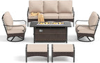 Patio Furniture Set with 56" Fire Pit Table, Premium Outdoor Wicker Metal Frame Furniture with Upgraded Waterproof Thick Cushions for Porch, Poolside, Deck, and Yard （8 Pieces,Beige）